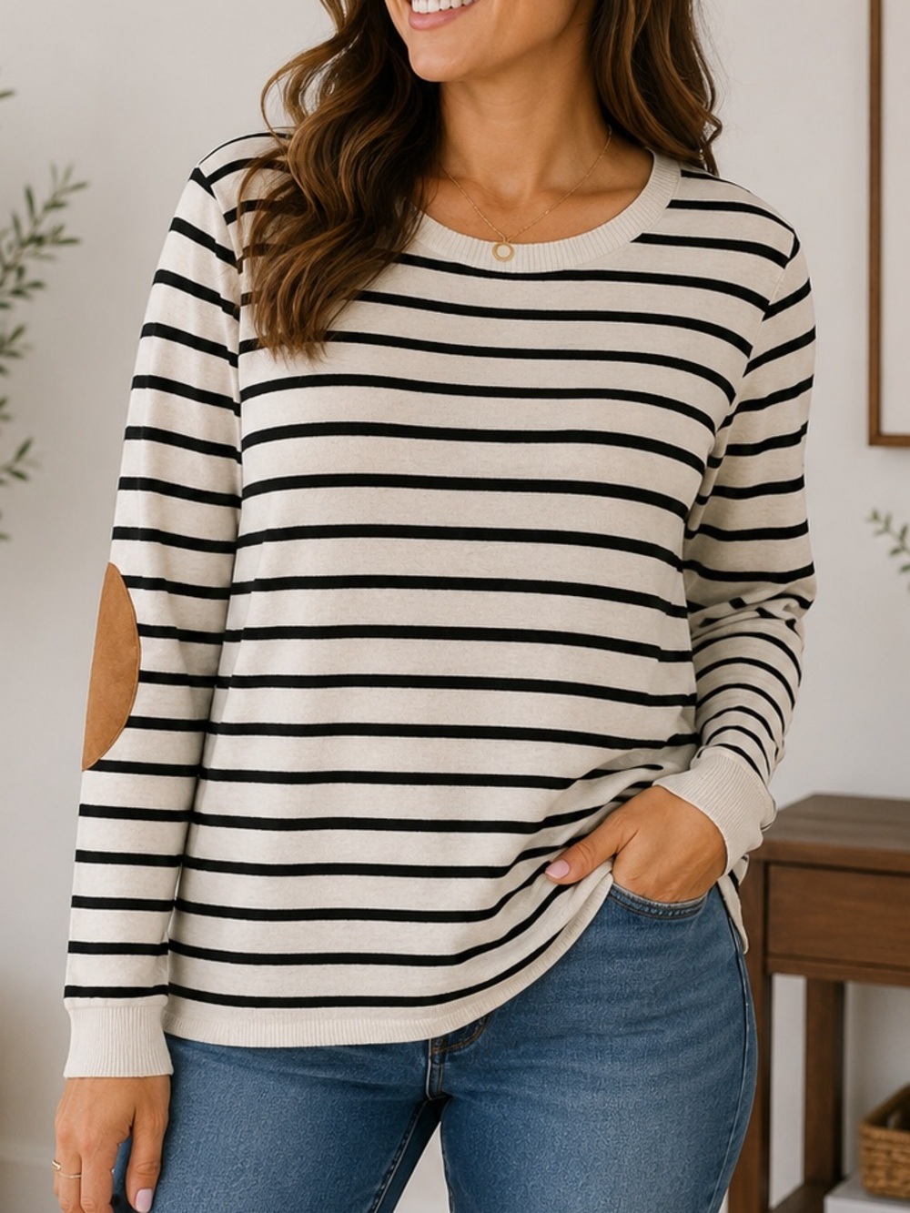 Market & Spruce Black and Cream Striped Long Sleeve with Tan Elbow Patches LARGE